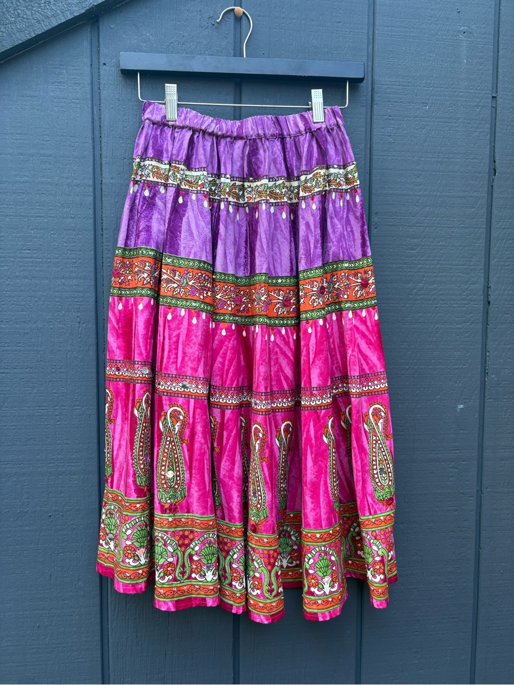 Vintage Bohemian Two-Tone Purple & Pink Printed Midi Skirt Sz S